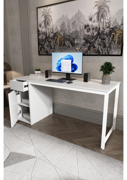 Beyaz 160X60 cm Çalışma Masası, Bilgisayar Masası, Ofis Masası Çekmeceli, Dolaplı, Raflı