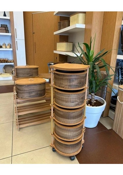 Ahşap Yuvarlak Sebzelik 5 Katlı Yana Açılır Patates Soğan Tekerlekli Sebzelik