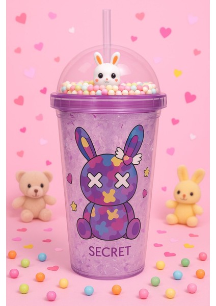 Sevimli Bunny Tavşan Figürlü Renkli Boncuklu Kristal Efektli Tasarım Pipetli Bardak Suluk Mor 2087