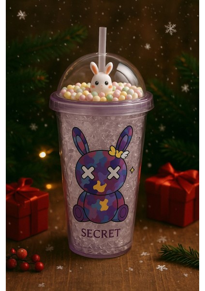 Sevimli Bunny Tavşan Figürlü Renkli Boncuklu Kristal Efektli Tasarım Pipetli Bardak Suluk Mor 2087 fiyatları