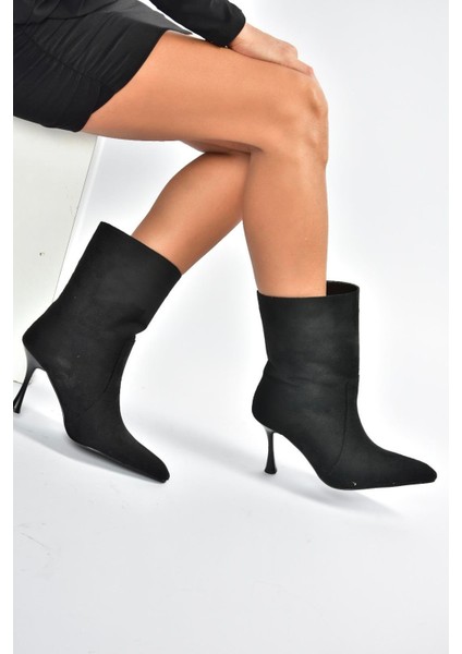 V752550202 Siyah Süet Ince Topuklu Kadın Bot modelleri