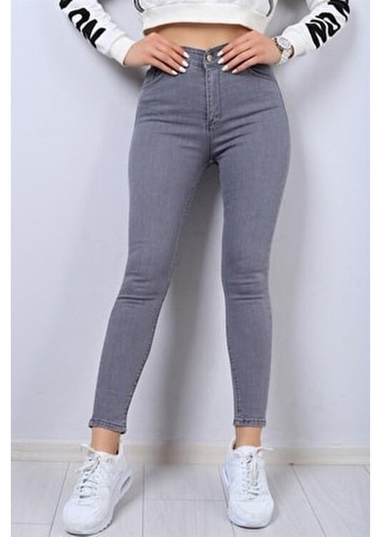 Kadın Ramrod Gri Süper Skinny Kot Pantolon Toparlayıcı Esnek Jean Kumaşı ile Şık Model