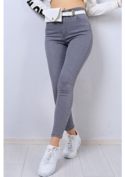 Kadın Ramrod Gri Süper Skinny Kot Pantolon Toparlayıcı Esnek Jean Kumaşı ile Şık Model
