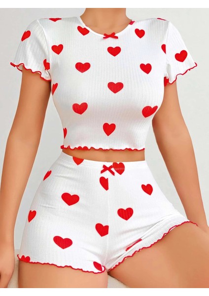 Kadın Beyaz Kırmızı Kalp Desenli Şortlu Gecelik Takım 5023