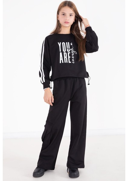 Siyah Yazı Baskılı Kargo Cep Detaylı Kız Çocuk Takım 22775