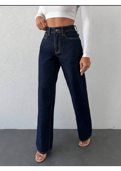 Wide Leg Kadın Likralı Palazzo Kot Denim Pantolon Kapalı Mavi