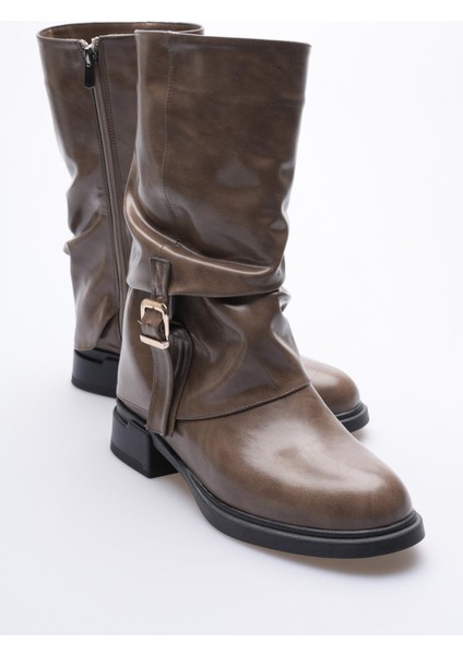Kadın Deri Bot Körüklü Fermuarlı Platin Tokalı Vizon Vandira