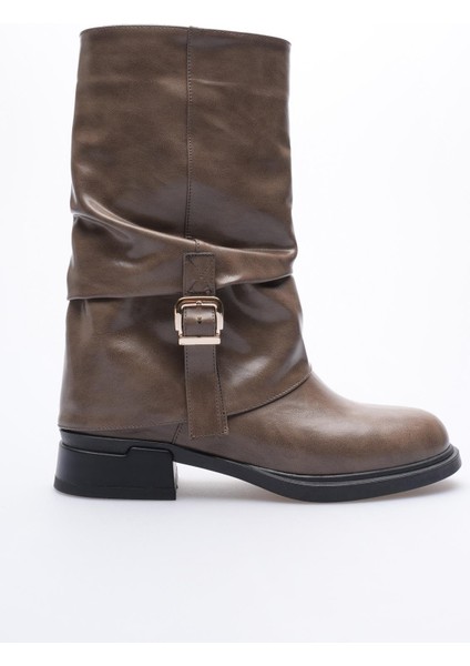 Kadın Deri Bot Körüklü Fermuarlı Platin Tokalı Vizon Vandira fiyatları