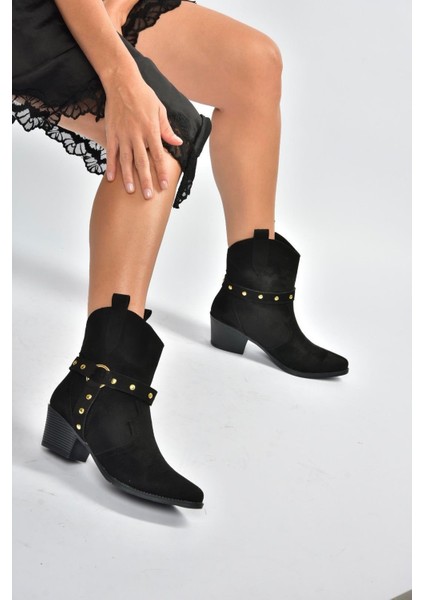 V820320202 Siyah Süet Kalın Topuklu Kadın Bot