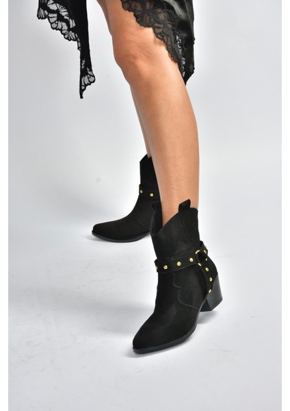 V820320202 Siyah Süet Kalın Topuklu Kadın Bot fiyatları