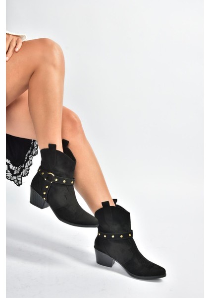 V820320202 Siyah Süet Kalın Topuklu Kadın Bot modelleri