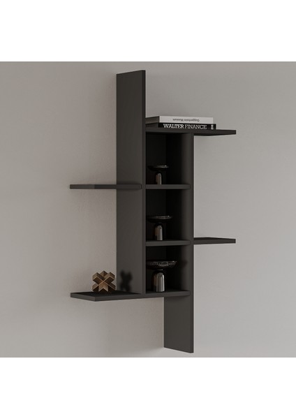 Inarch Dizayn Madagaskar Duvar Rafı – Asimetrik Tasarım, Duvara Monte Dekoratif Kitaplık, Antrasit
