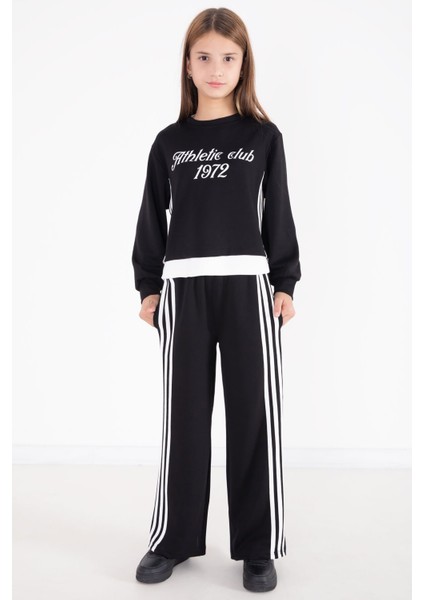 Siyah Şerit Detaylı Yazılı Geniş Paça Kız Çocuk Takım 22772