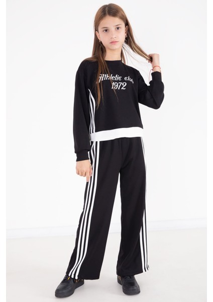Siyah Şerit Detaylı Yazılı Geniş Paça Kız Çocuk Takım 22772 modelleri