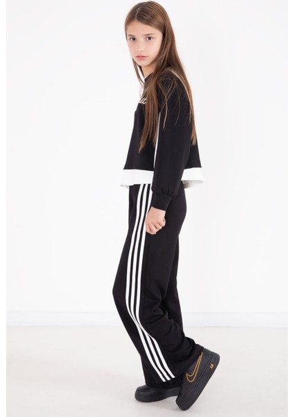 Siyah Şerit Detaylı Yazılı Geniş Paça Kız Çocuk Takım 22772 indirimleri