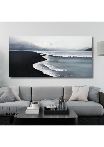 Panoramik Kanvas Kanvas Yağlı Boya Görünümlü Gri Siyah Beyaz Deniz Manzarası