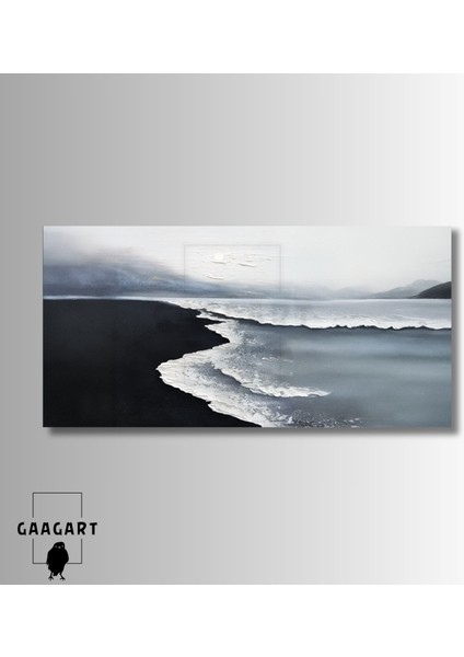 Panoramik Kanvas Kanvas Yağlı Boya Görünümlü Gri Siyah Beyaz Deniz Manzarası modelleri