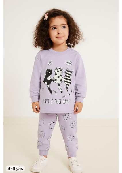 Lila Kedi 4-6 Yaş Çocuk Pijama Takımı