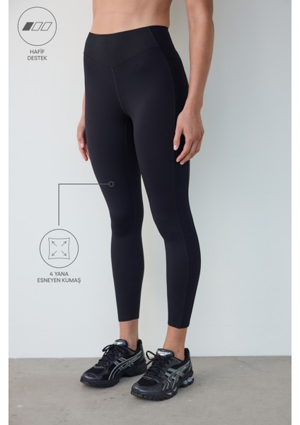 Siyah Hafif Destek Yanları Fitilli Yüksek Bel Tayt