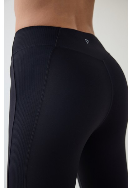 Siyah Hafif Destek Yanları Fitilli Yüksek Bel Tayt