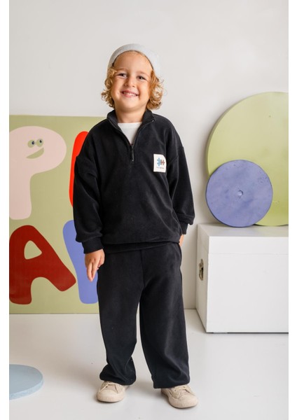 Erkek Çocuk Kapşonlu Fermuarlı Polar Ikili Takım - Siyah