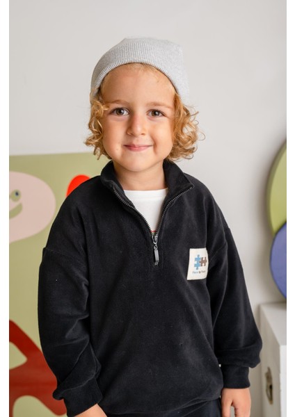 Erkek Çocuk Kapşonlu Fermuarlı Polar Ikili Takım - Siyah modelleri