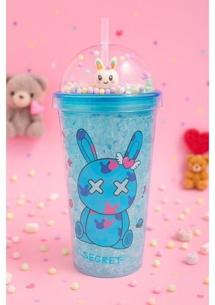 Sevimli Bunny Tavşan Figürlü Renkli Boncuklu Kristal Efektli Tasarım Pipetli Bardak Suluk Mavi 2087