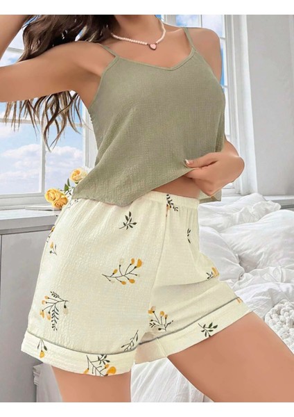 Kadın Ekru Çiçek Baskılı Şortlu Gecelik Pijama Takımı 5099