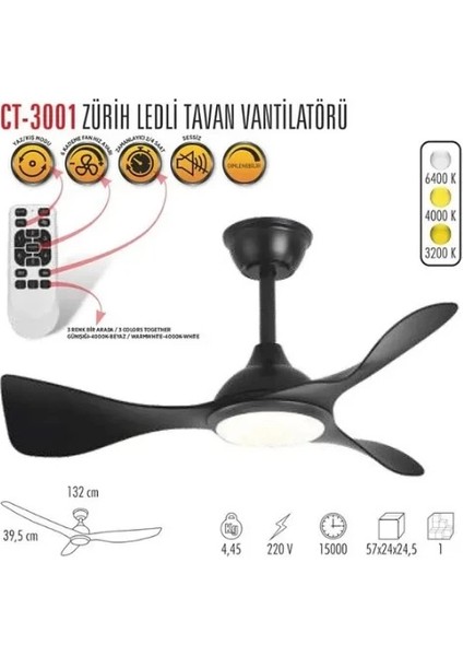 Zürih Ledli Tavan Vantilatörü 40W Aydınlatma 70W Fan Kumandalı Dekoratif 3 Kanat fiyatları