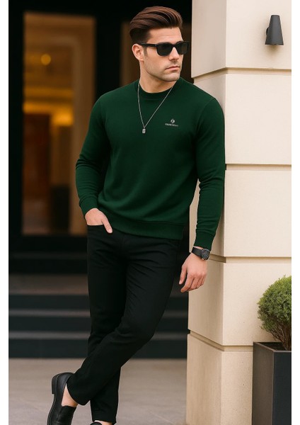 Erkek Bisiklet Yaka Göğüs Nakış Bol Yeşil Sweatshirt fiyatları