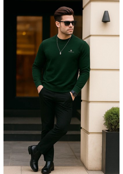 Erkek Bisiklet Yaka Göğüs Nakış Bol Yeşil Sweatshirt indirimleri