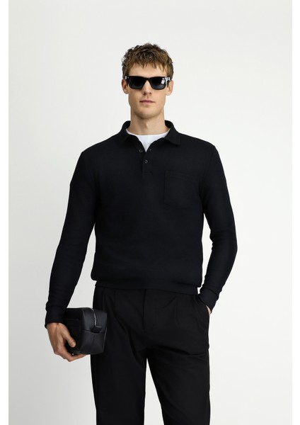 Polo Yaka Regular Fit Desenli Pamuk Sweatshırt