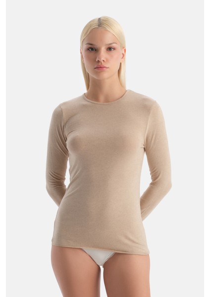 Sütlü Kahve 5019KC Modal Kaşmir Bisiklet Yaka Uzun Kollu Üst