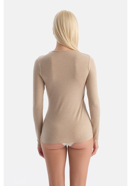 Sütlü Kahve 5019KC Modal Kaşmir Bisiklet Yaka Uzun Kollu Üst fiyatları