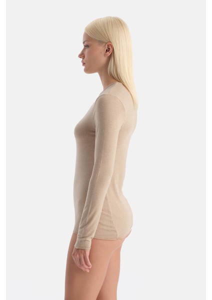 Sütlü Kahve 5019KC Modal Kaşmir Bisiklet Yaka Uzun Kollu Üst modelleri