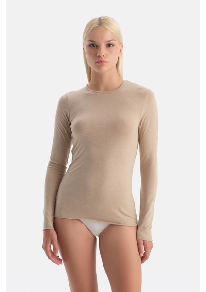 Sütlü Kahve 5019KC Modal Kaşmir Bisiklet Yaka Uzun Kollu Üst fırsatları