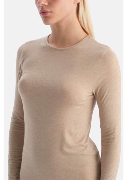 Sütlü Kahve 5019KC Modal Kaşmir Bisiklet Yaka Uzun Kollu Üst indirimleri