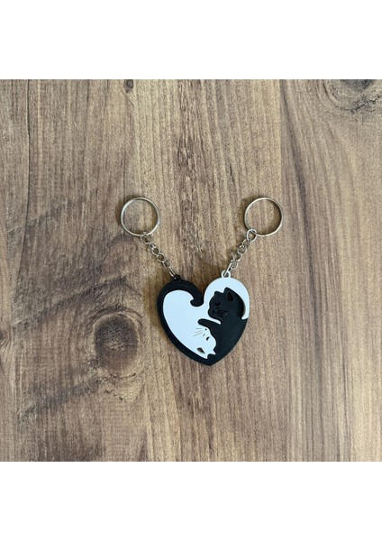 Çift Anahtarlık - 2li Kedi Anahtarlık - Kedi Kalp Anahtarlık (Siyah Beyaz) modelleri
