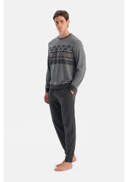 Antrasit Melanj Jakar Desenli Interlok Pijama Takımı