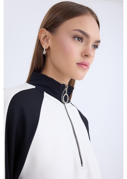 Iki Renk Yarım Fermuarlı Uzun Kol Sweat