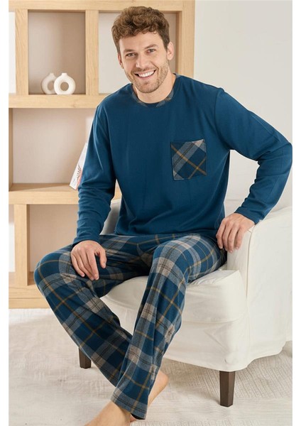 Lacivert Yeşil Ekose Desenli Elegant Erkek pijama takımı