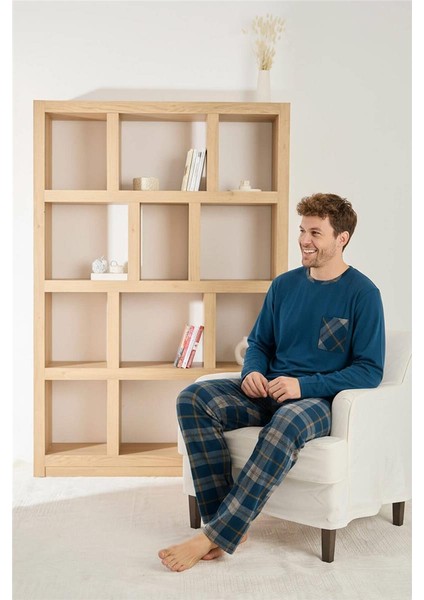 Lacivert Yeşil Ekose Desenli Elegant Erkek pijama takımı modelleri