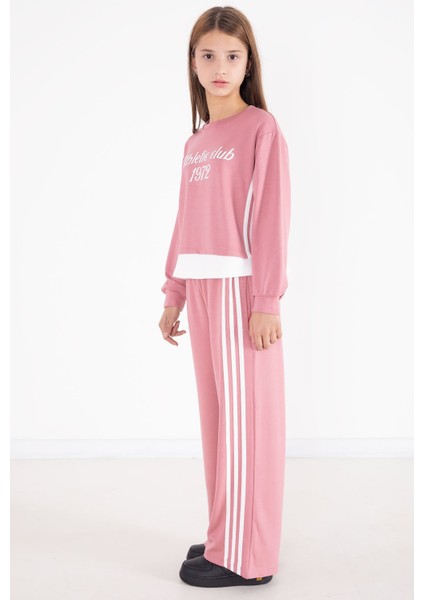 Pembe Şerit Detaylı Yazılı Geniş Paça Kız Çocuk Takım 22773