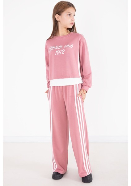 Pembe Şerit Detaylı Yazılı Geniş Paça Kız Çocuk Takım 22773 modelleri