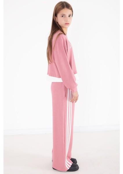 Pembe Şerit Detaylı Yazılı Geniş Paça Kız Çocuk Takım 22773 fırsatları