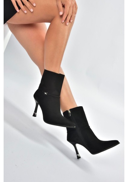 V820200702 Siyah Süet Ince Topuklu Kadın Bot indirimleri