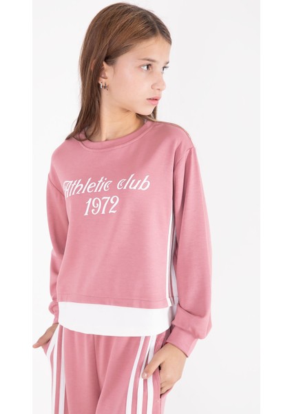 Pembe Şerit Detaylı Yazılı Geniş Paça Kız Çocuk Takım 22773 indirimleri