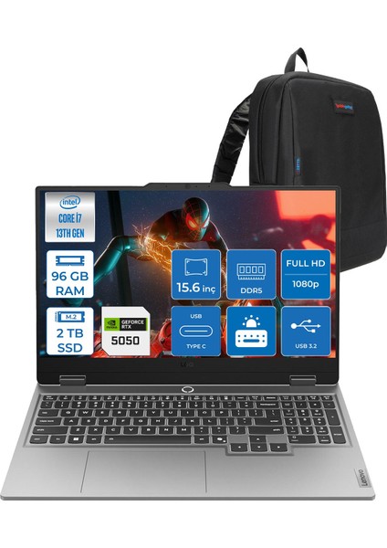 Loq 15IRX10 Intel® Core I7-13700HX 96GB Ddr5 2tb SSD 15.6" 8GB/RTX5050 100W (1920X1080) IPS 300NITS 144Hz, G-Sync® Freedos Gaming BILG.83JE00KMTRF29+ZETTAÇANTA