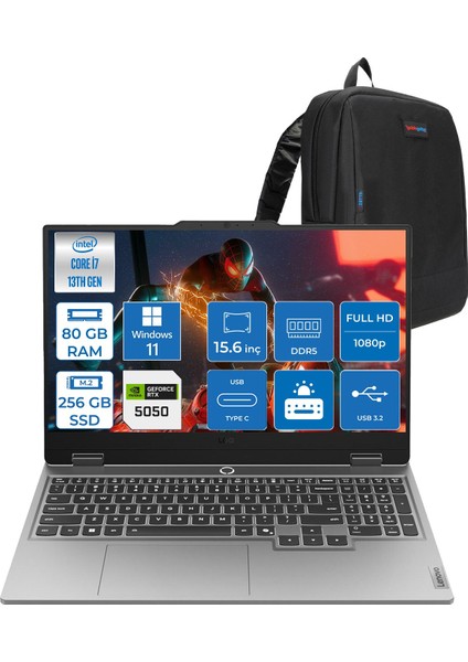 Loq 15IRX10 Intel® Core I7-13700HX 80GB Ddr5 256GB SSD 15.6" 8GB/RTX5050 100W (1920X1080) IPS 300NITS 144Hz, G-Sync® WIN11PRO Gaming BILG.83JE00KMTRP21+ZETTAÇANTA