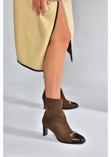 V820284602 Kahverengi Süet Kalın Topuklu Kadın Bot fiyatları